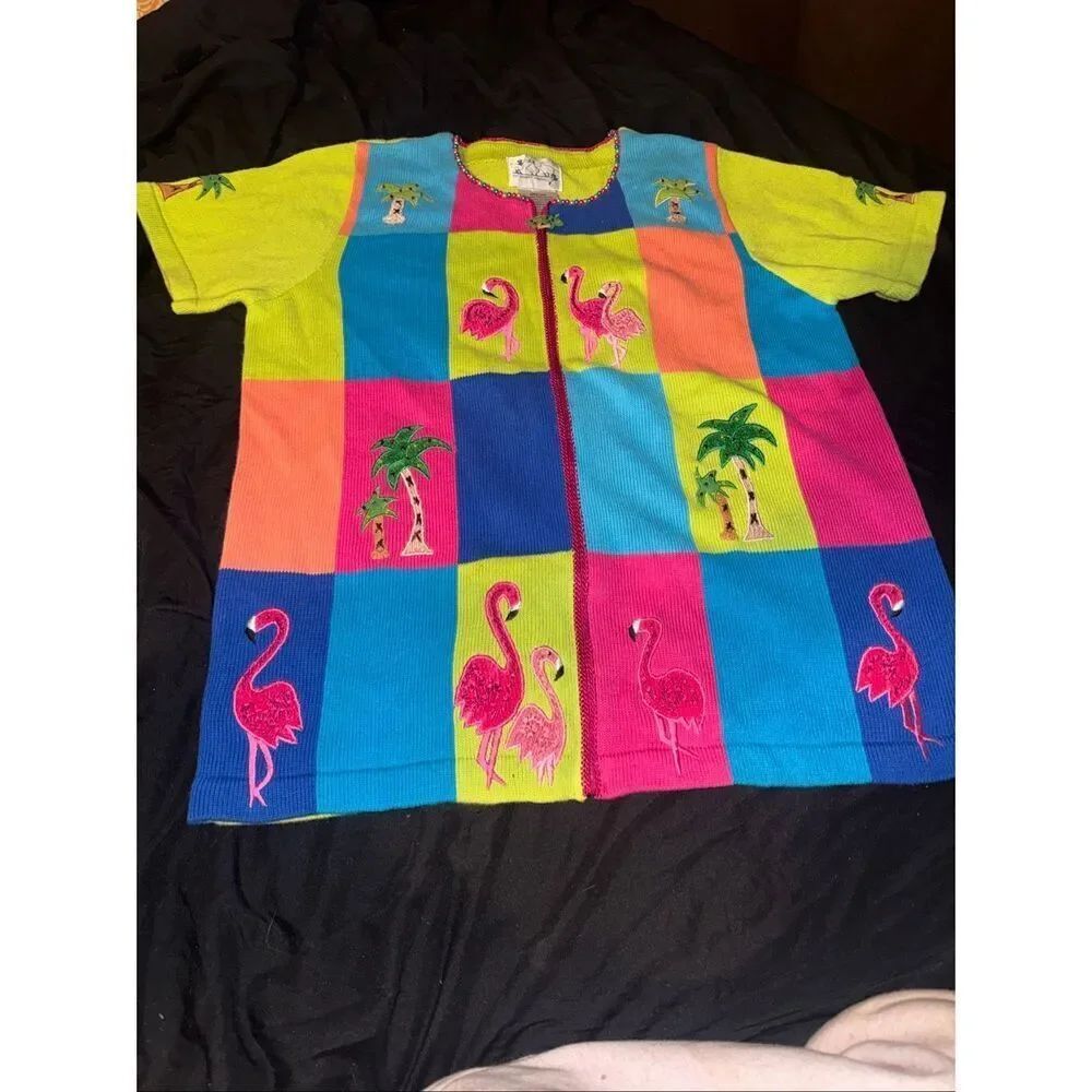 Vintage The Quaker Factory flamingo zip up cardigan size medium